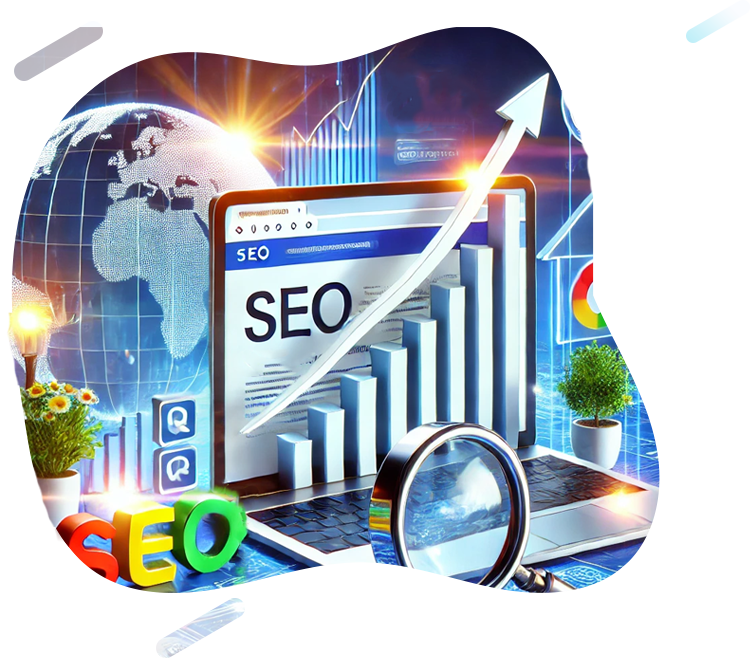 SEO growth chart showing website optimization and rising search rankings.